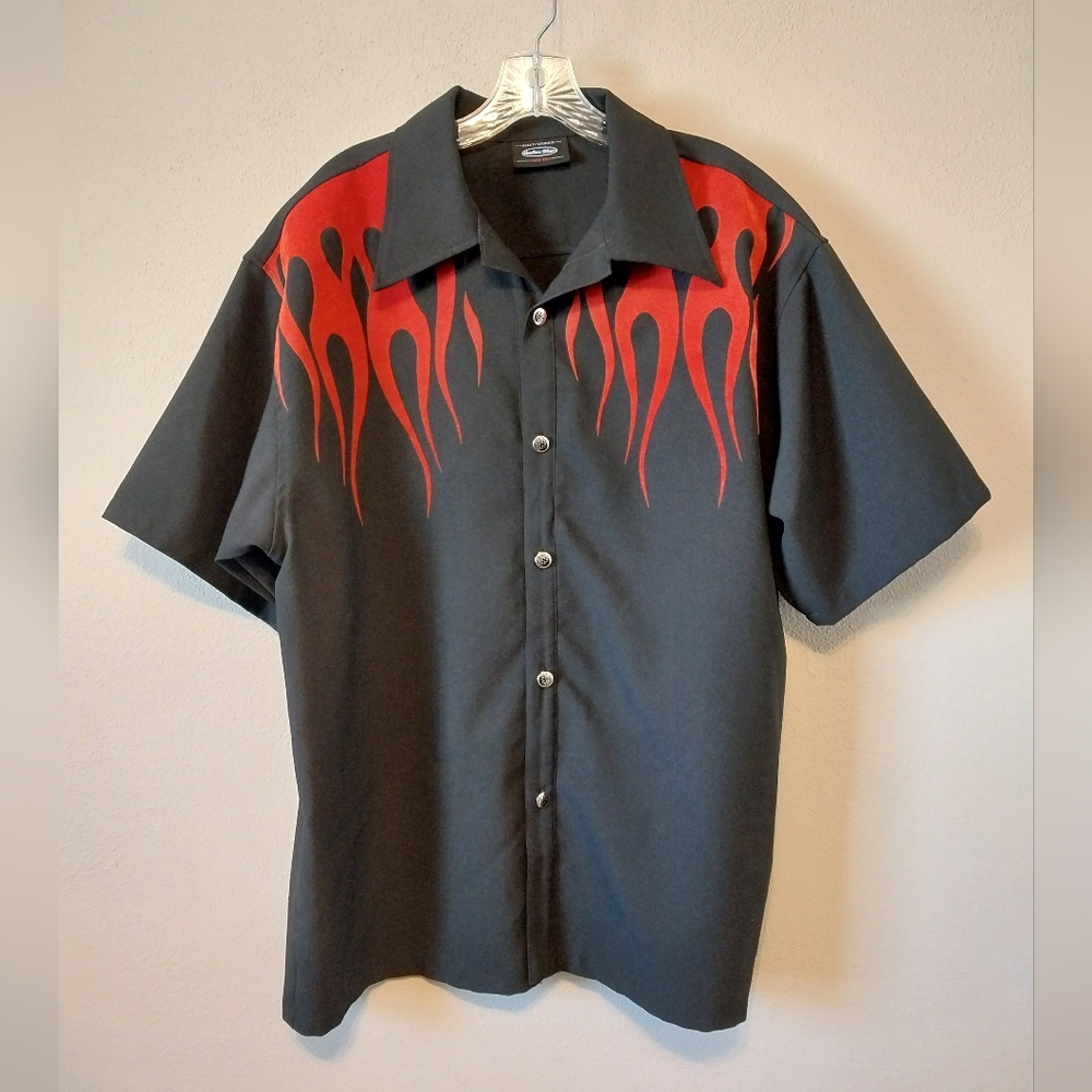 Y2K Anchor Blue Red Velvet Flames Button Down Shirt